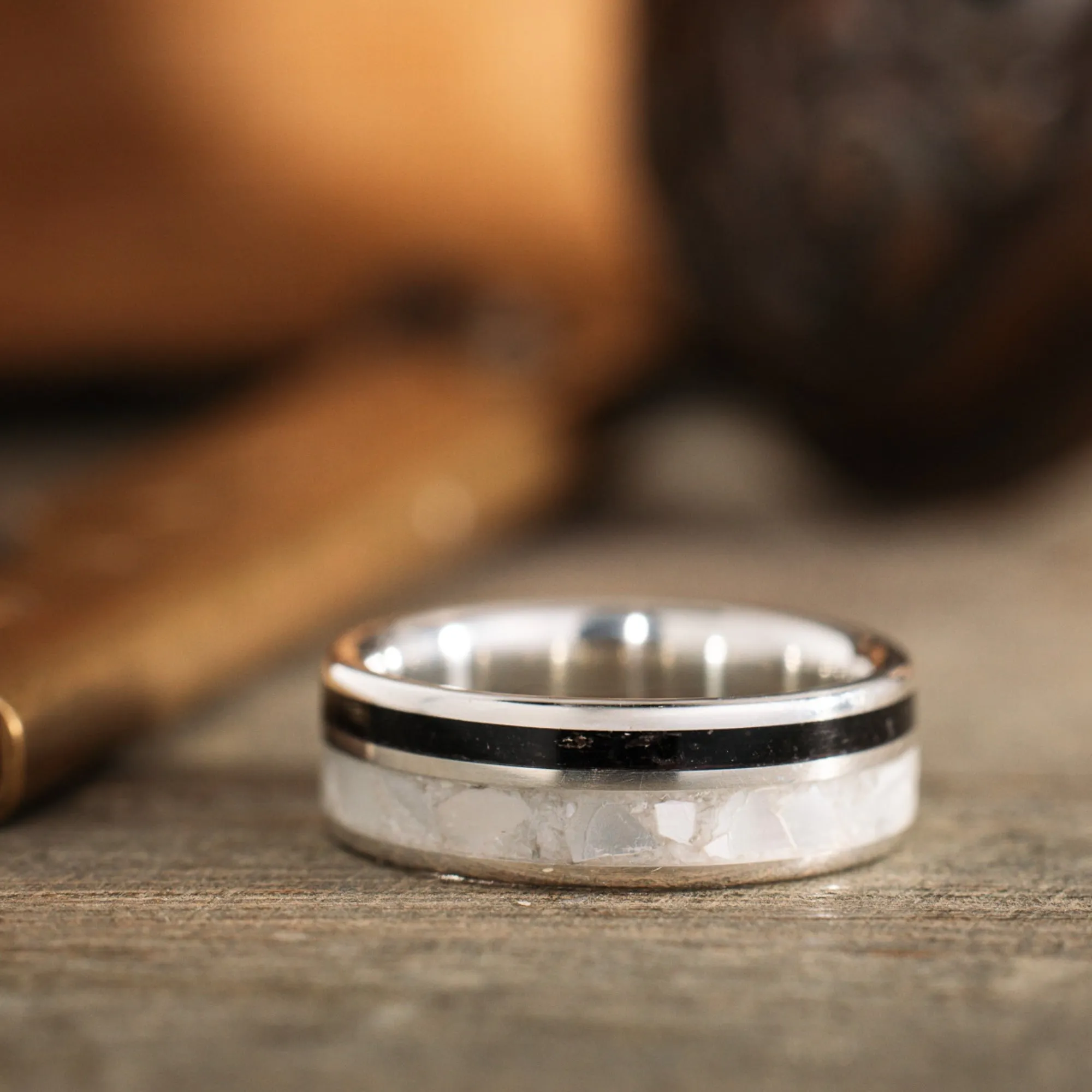 (In-Stock) The Cove | Men's Silver Wedding Band with Obsidian and Mother of Pearl - Size 9 | 7 mm Wide
