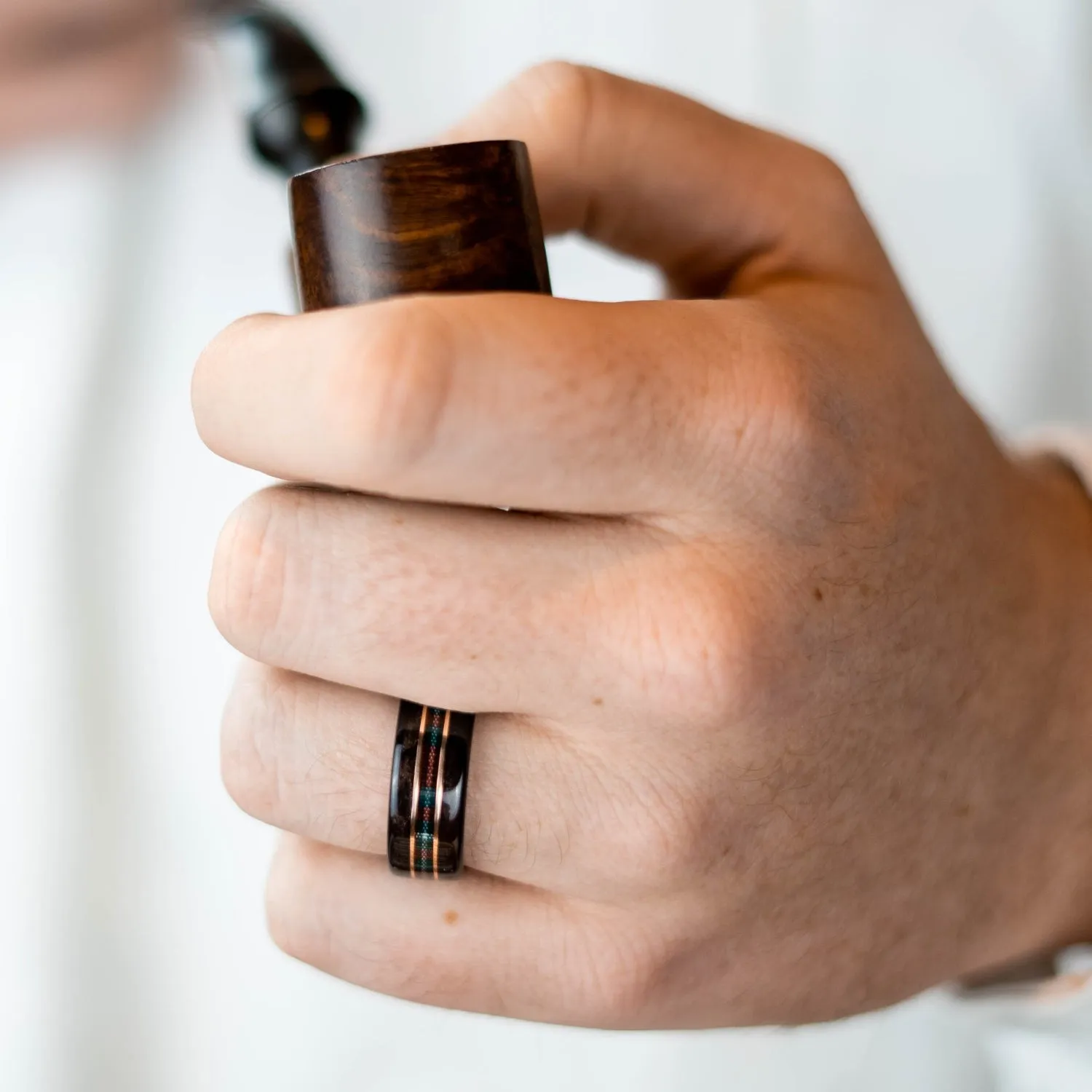 (In-Stock) The MacGregor Tartan Wood Wedding Band with 14k Rose Gold Inlays - Size 10.25 | 9mm Wide