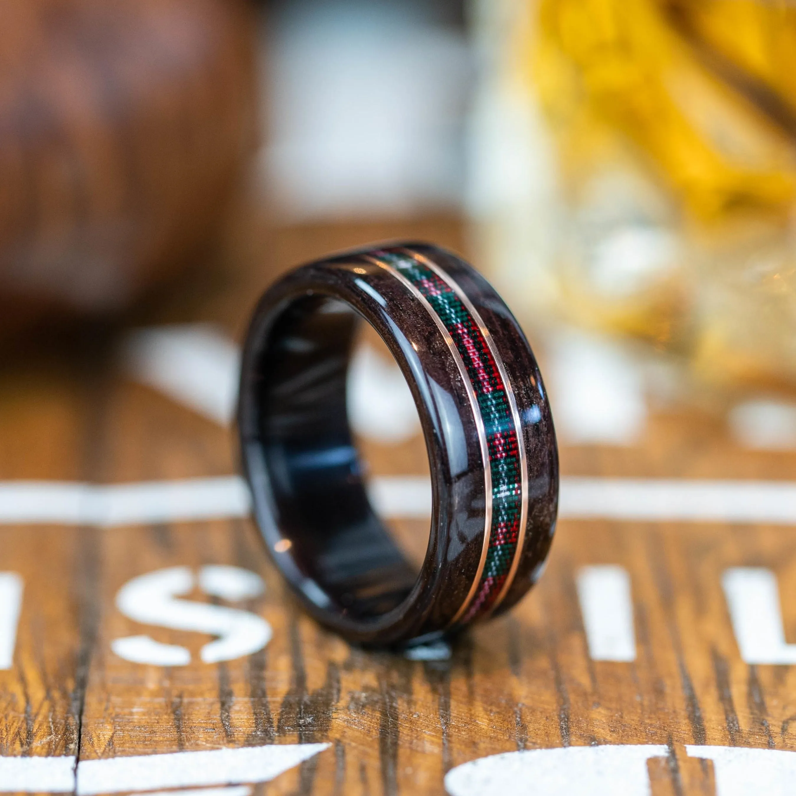 (In-Stock) The MacGregor Tartan Wood Wedding Band with 14k Rose Gold Inlays - Size 10.25 | 9mm Wide