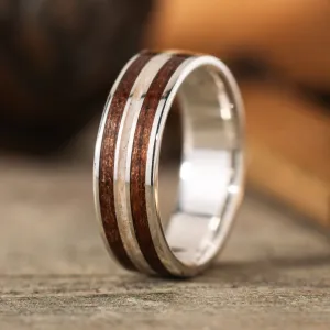 (In-Stock) The Stag in Silver |  Silver Elk Antler Wedding Band with Walnut Wood - Size 7 | 6mm Wide