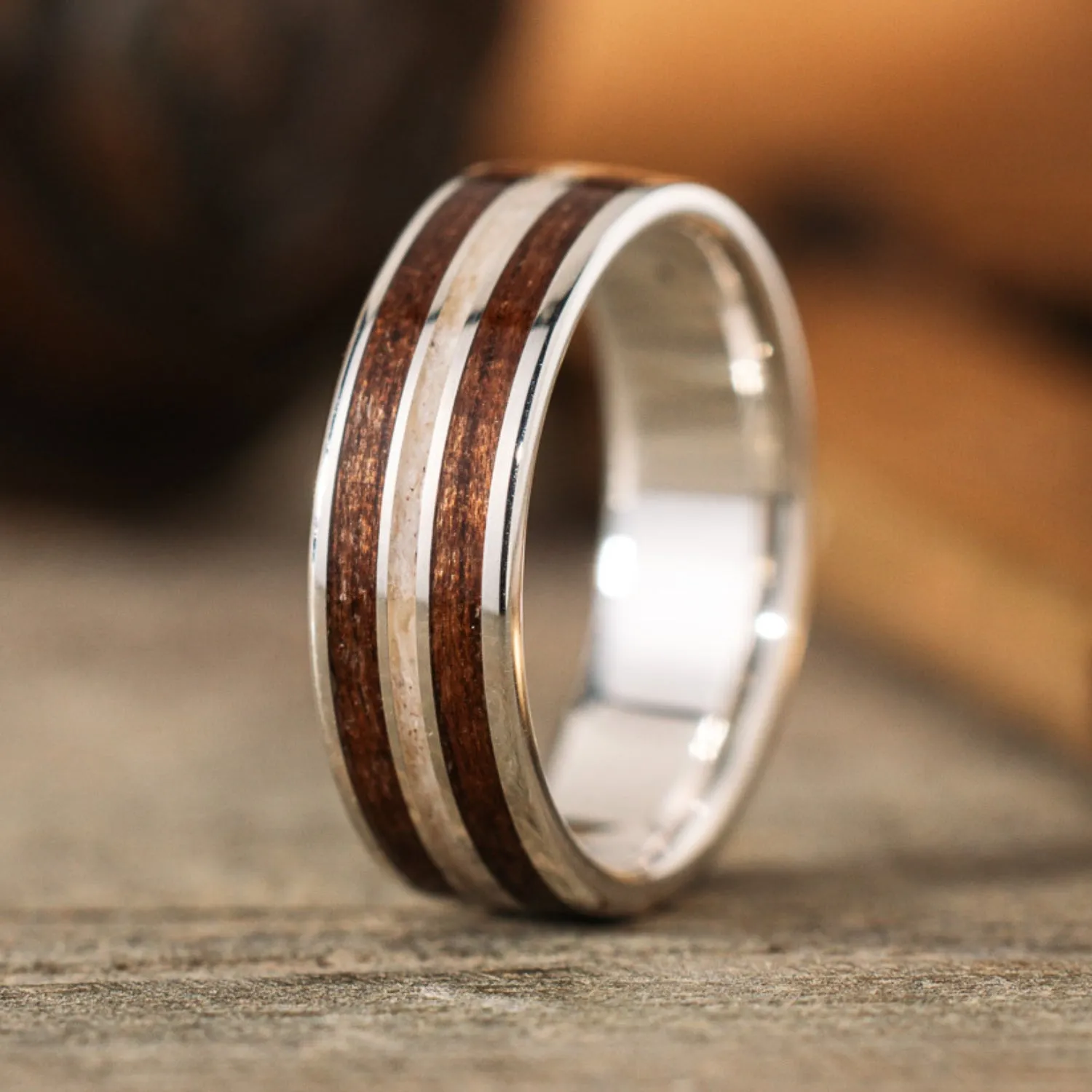 (In-Stock) The Stag in Silver |  Silver Elk Antler Wedding Band with Walnut Wood - Size 7 | 6mm Wide