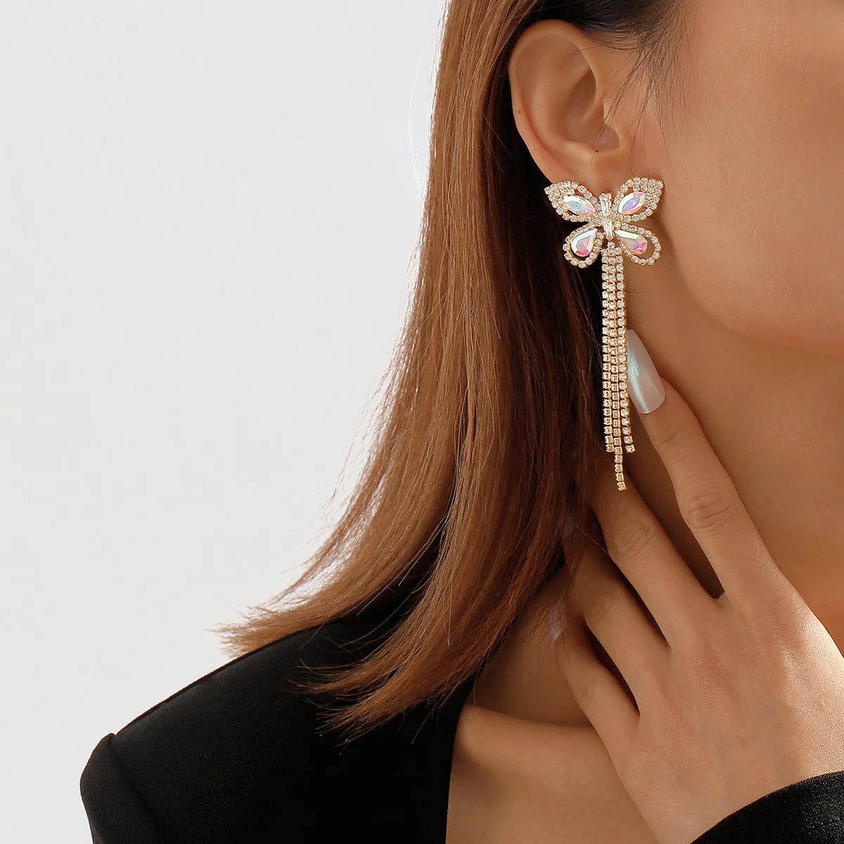 Irridescent Crystal & Cubic Zirconia 18K Gold-Plated Butterfly Drop Earrings