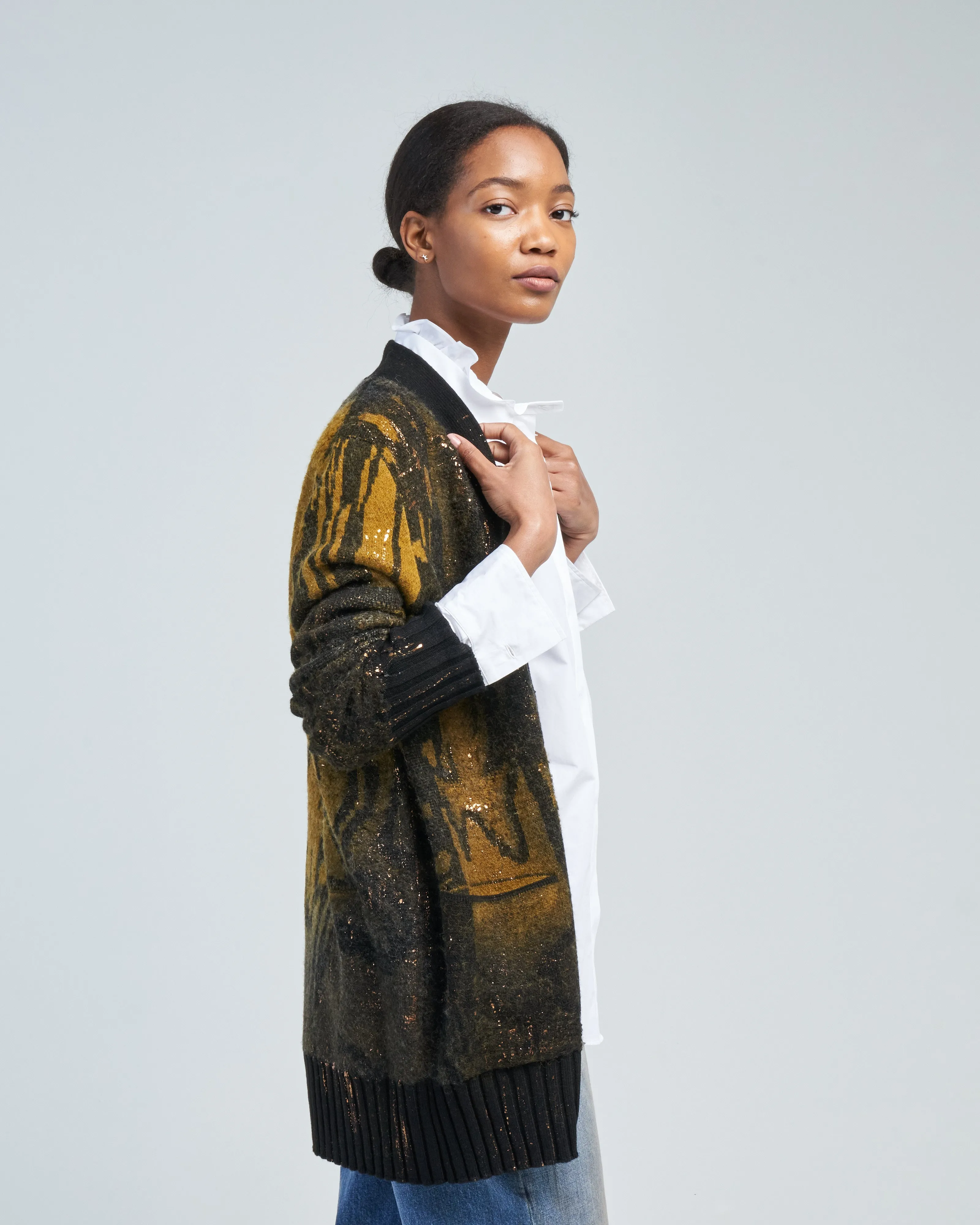 jacquard punk shawl cardigan with lamination