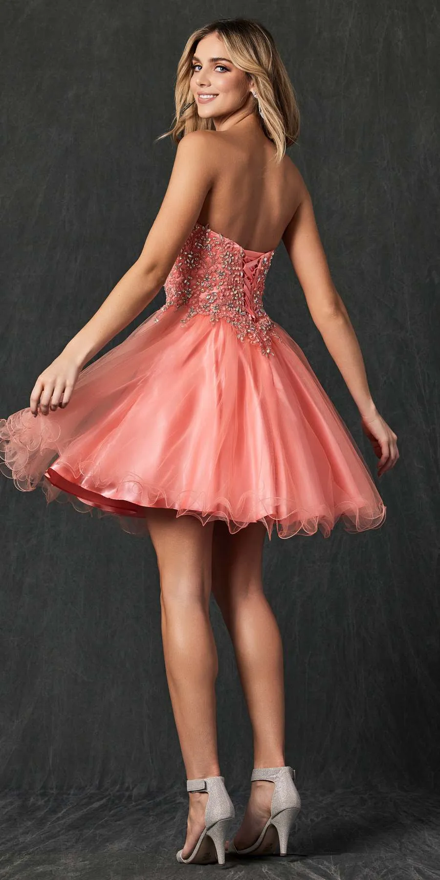 Juliet 787 Strapless Applique Jeweled Bodice Short Dress