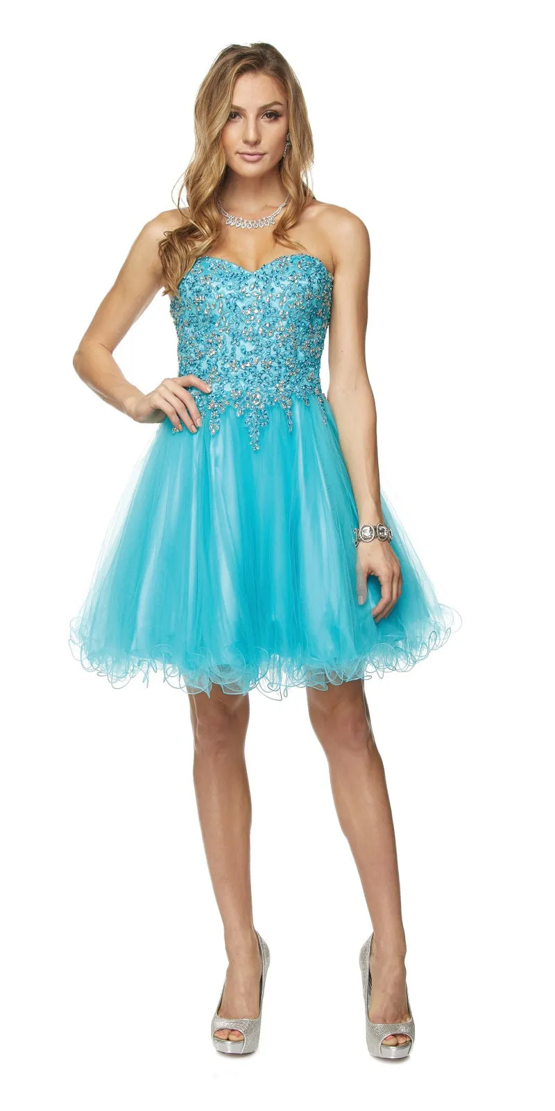 Juliet 787 Strapless Applique Jeweled Bodice Short Dress