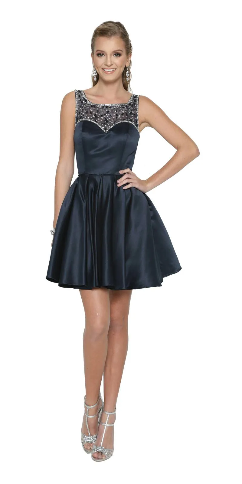Juliet 808 Sleeveless Short Dress Beaded Illusion Neckline