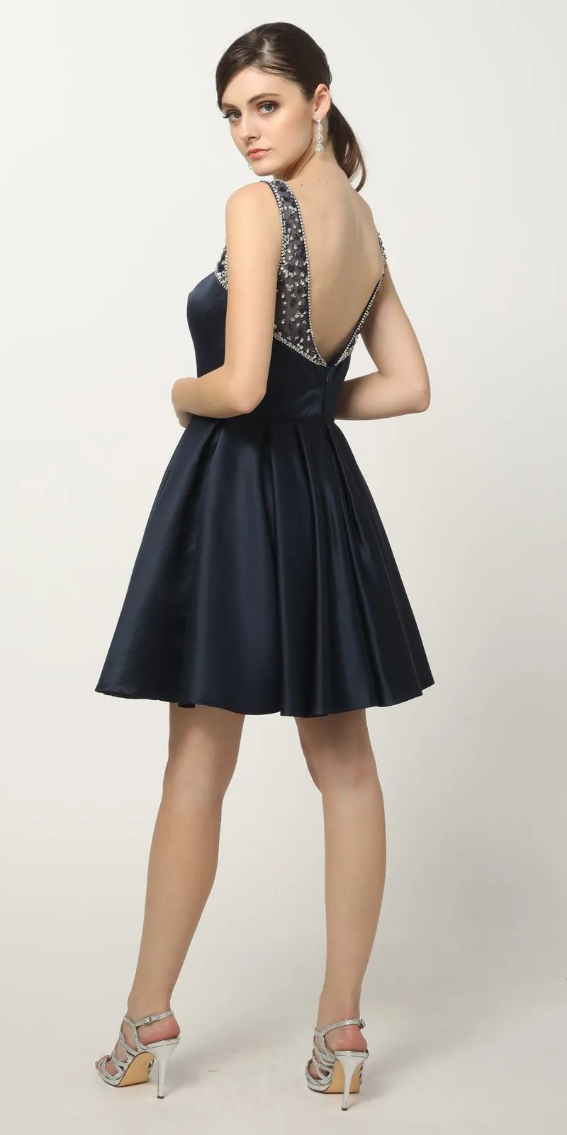 Juliet 808 Sleeveless Short Dress Beaded Illusion Neckline