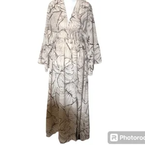 Lush  Brown Leaf Print  Maxi  Boho Sundress w Ruffle Sleeves  Size S