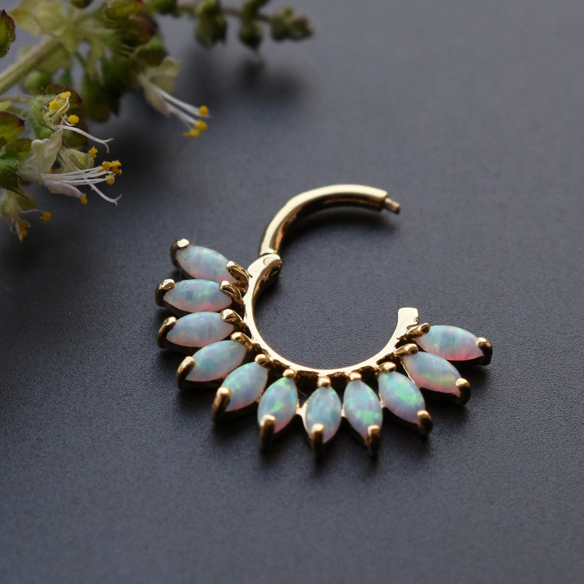 Marquise Opal Daith Septum Clicker Ring, Iridescent White Opal