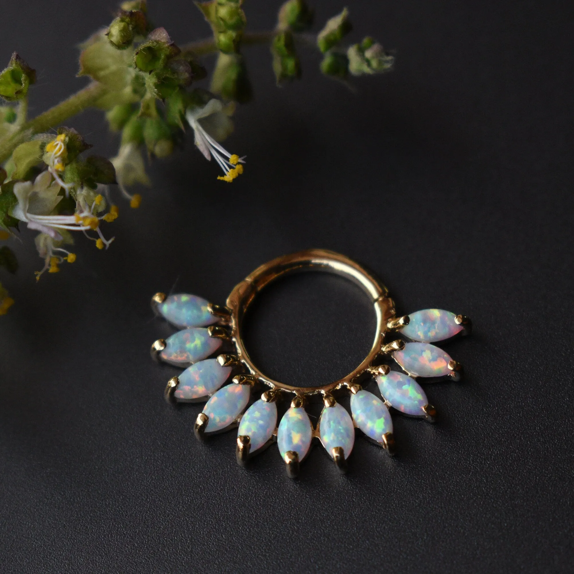 Marquise Opal Daith Septum Clicker Ring, Iridescent White Opal