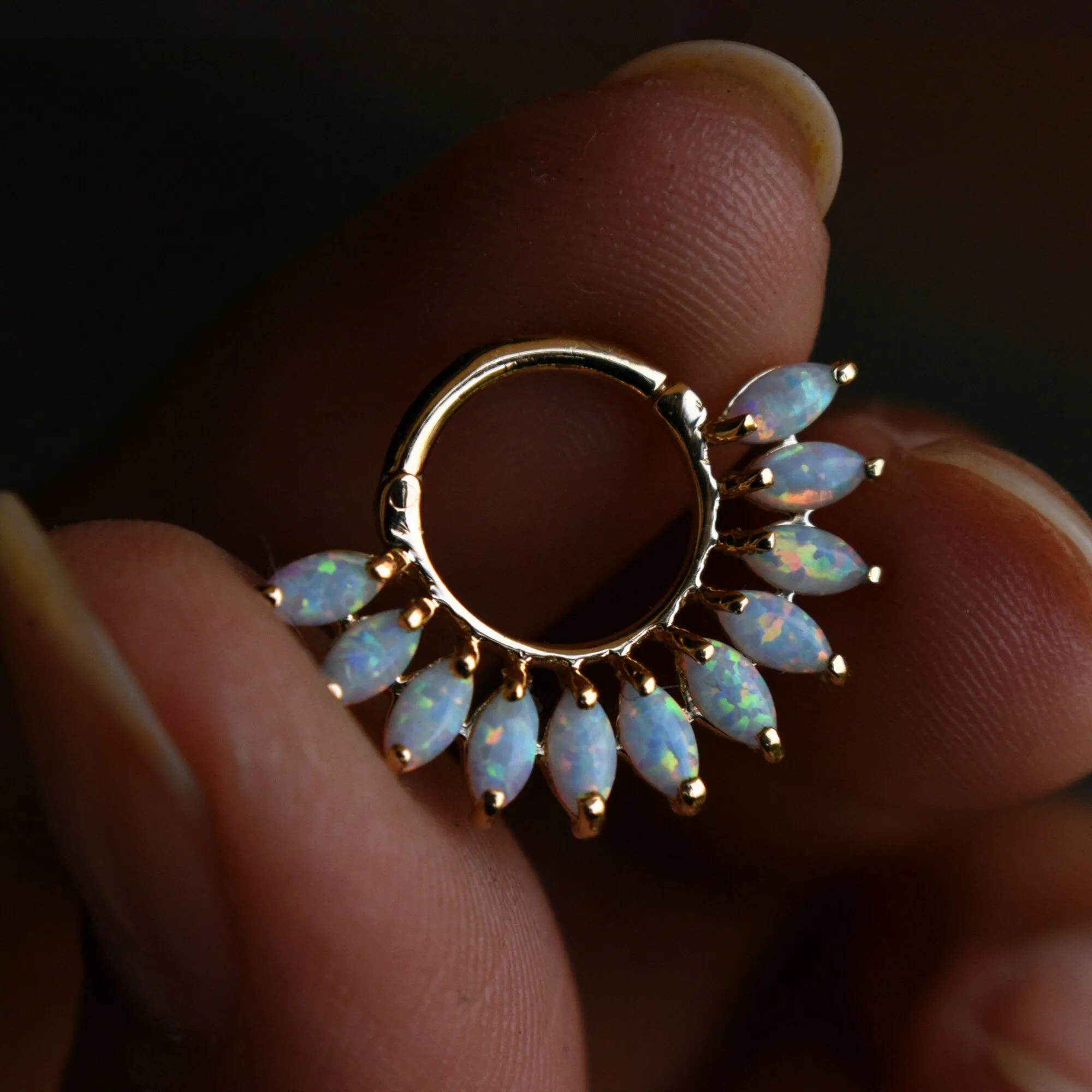 Marquise Opal Daith Septum Clicker Ring, Iridescent White Opal