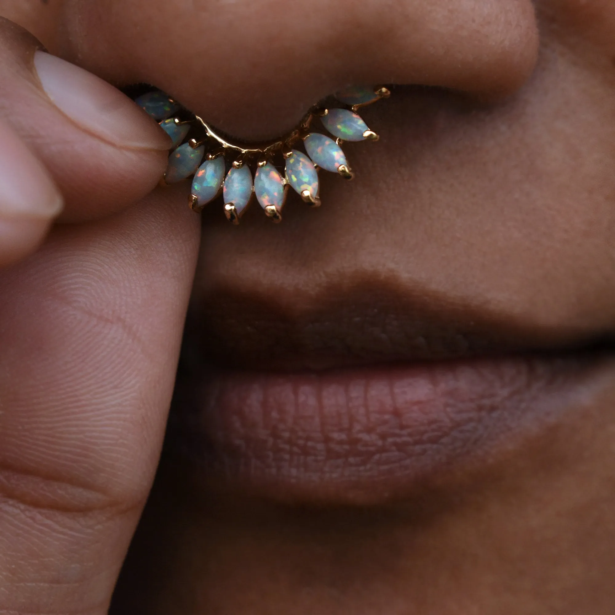 Marquise Opal Daith Septum Clicker Ring, Iridescent White Opal
