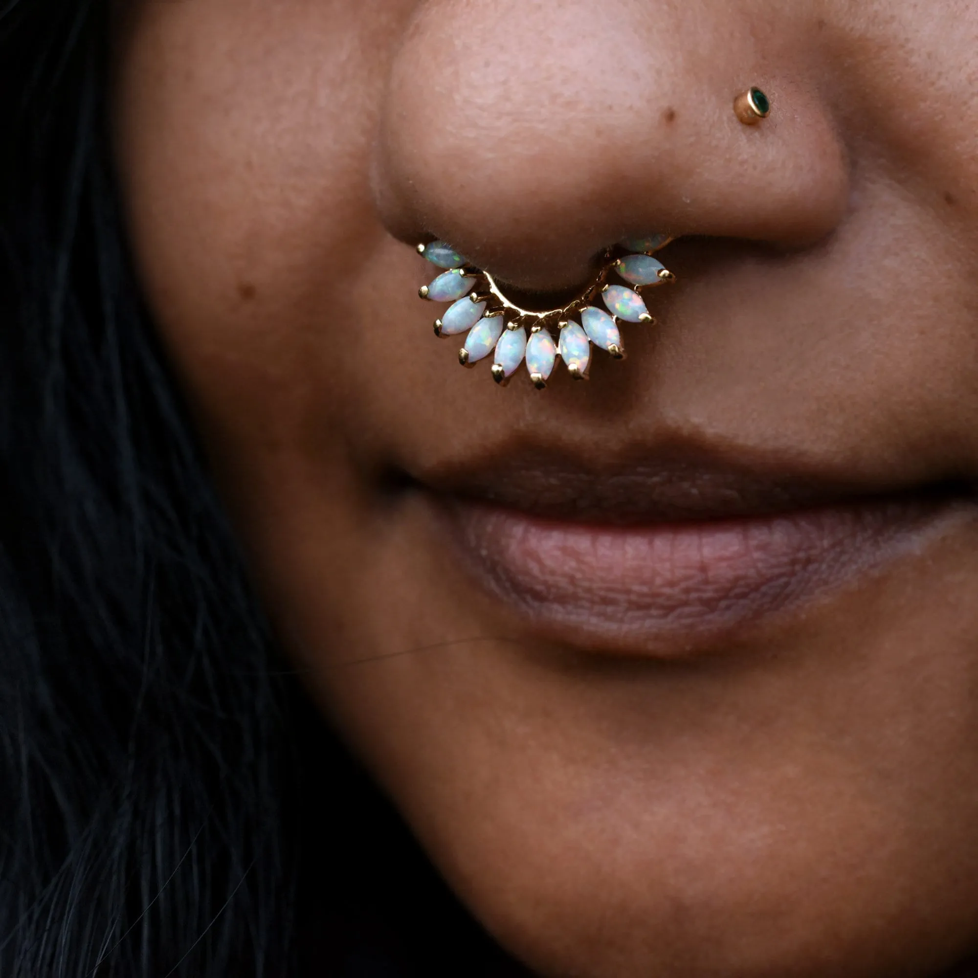 Marquise Opal Daith Septum Clicker Ring, Iridescent White Opal
