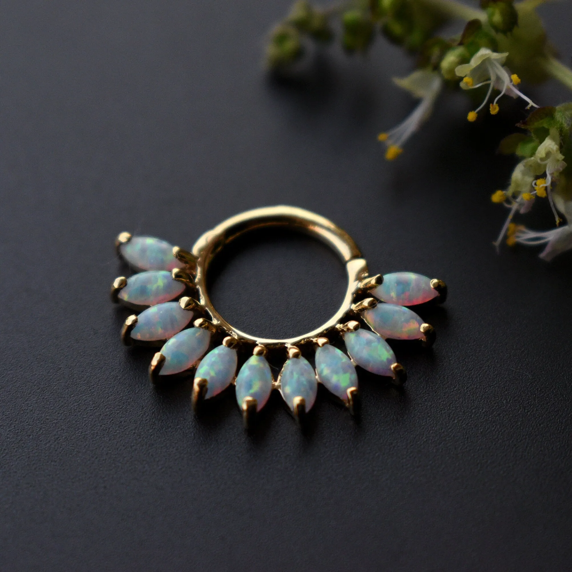 Marquise Opal Daith Septum Clicker Ring, Iridescent White Opal