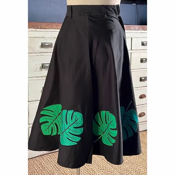 Modcloth Collectif Tropical Palm Leaf Black Midi Swing Skirt NWT New XXS