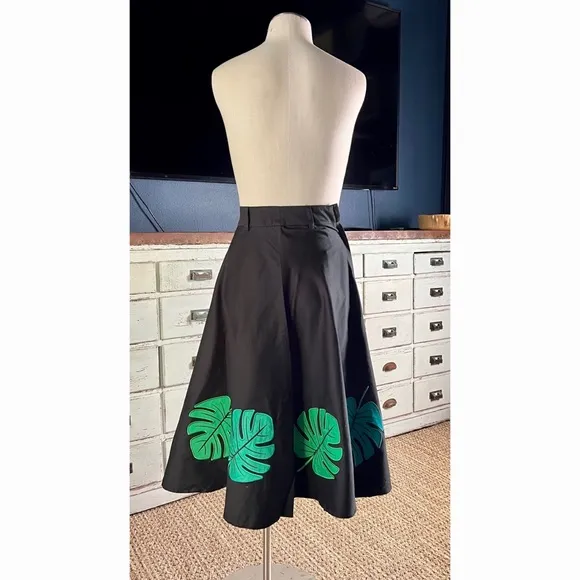 Modcloth Collectif Tropical Palm Leaf Black Midi Swing Skirt NWT New XXS