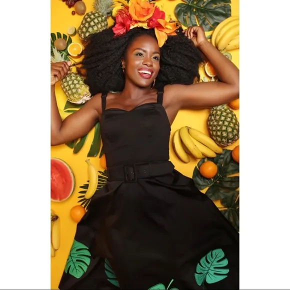 Modcloth Collectif Tropical Palm Leaf Black Midi Swing Skirt NWT New XXS