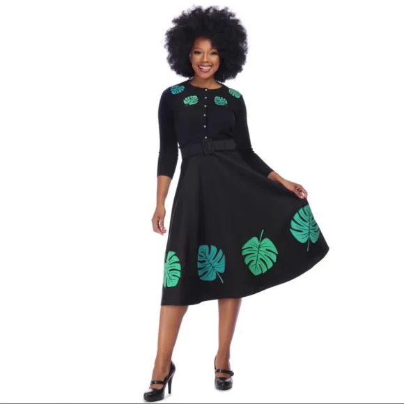 Modcloth Collectif Tropical Palm Leaf Black Midi Swing Skirt NWT New XXS
