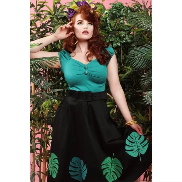 Modcloth Collectif Tropical Palm Leaf Black Midi Swing Skirt NWT New XXS