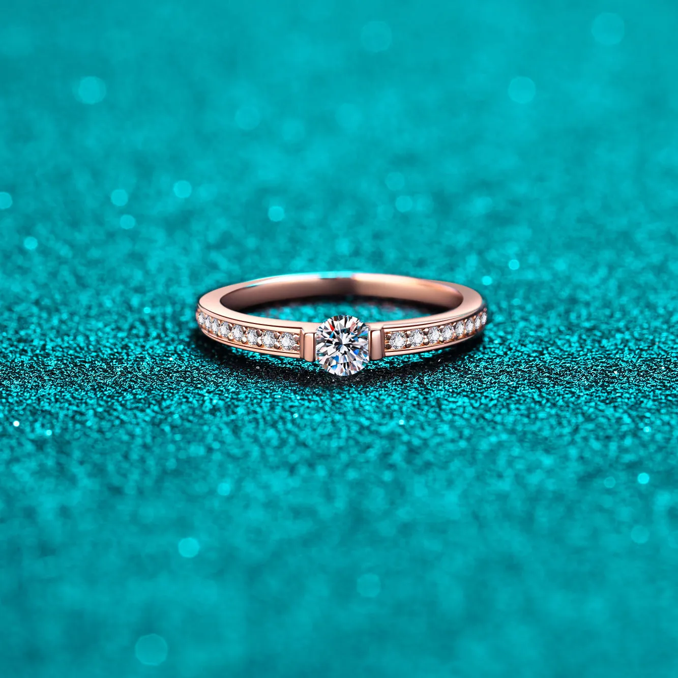 Moissanite Round Cut Rose Gold Small Diamond Rings; Band Ring-RM067
