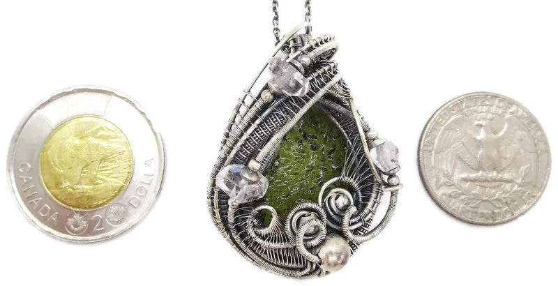 Moldavite Pendant in Sterling Silver with Herkimer Diamonds