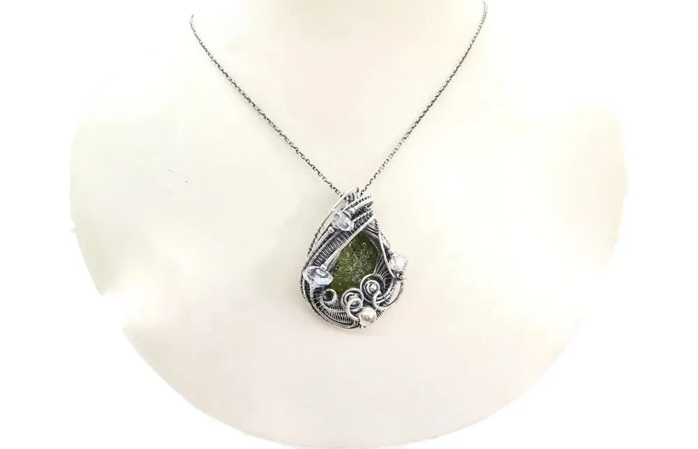 Moldavite Pendant in Sterling Silver with Herkimer Diamonds
