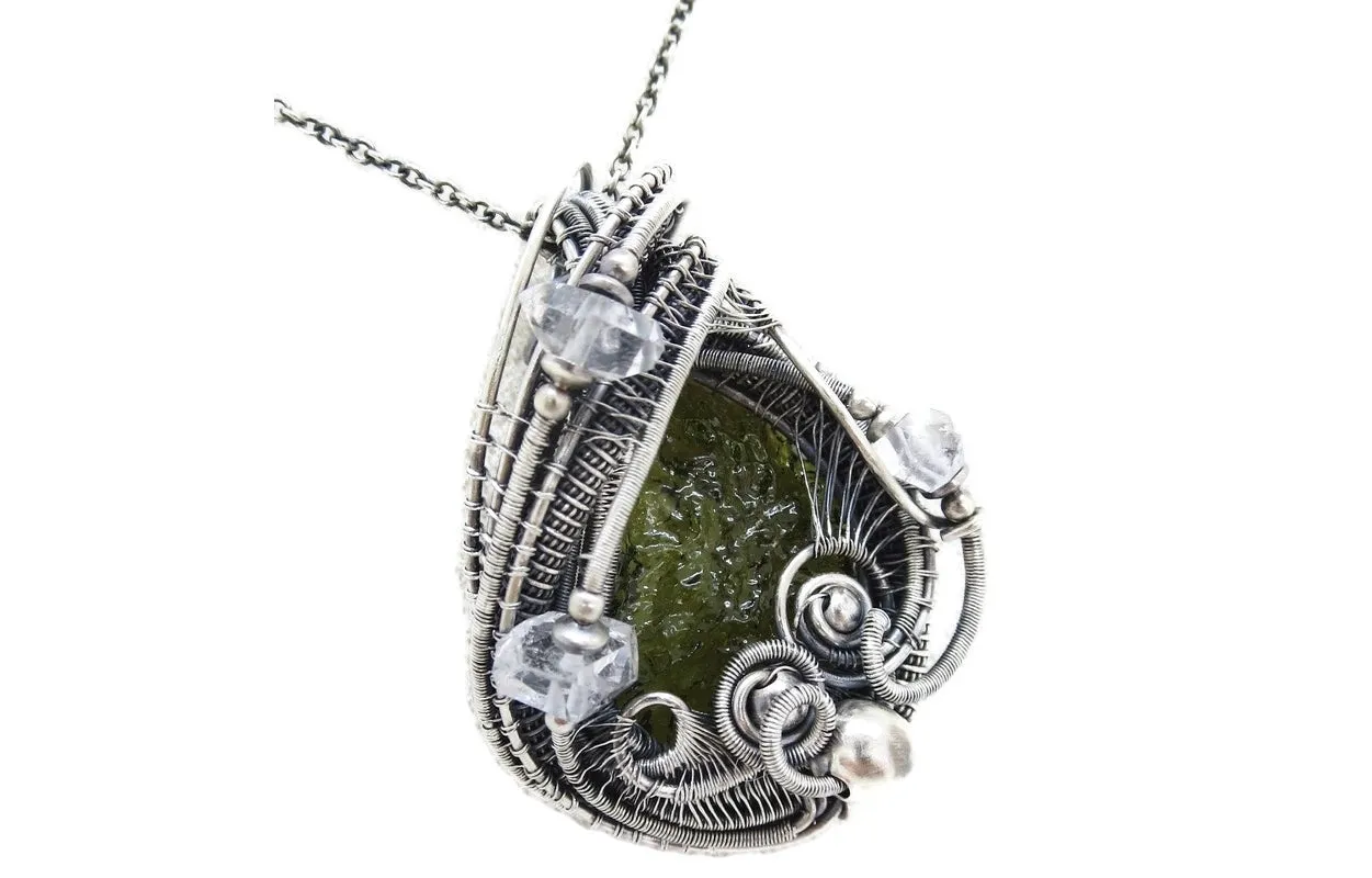 Moldavite Pendant in Sterling Silver with Herkimer Diamonds