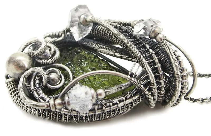 Moldavite Pendant in Sterling Silver with Herkimer Diamonds