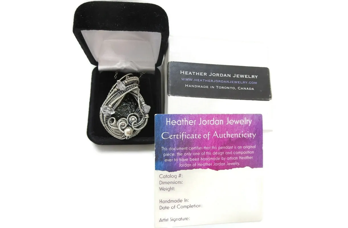 Moldavite Pendant in Sterling Silver with Herkimer Diamonds