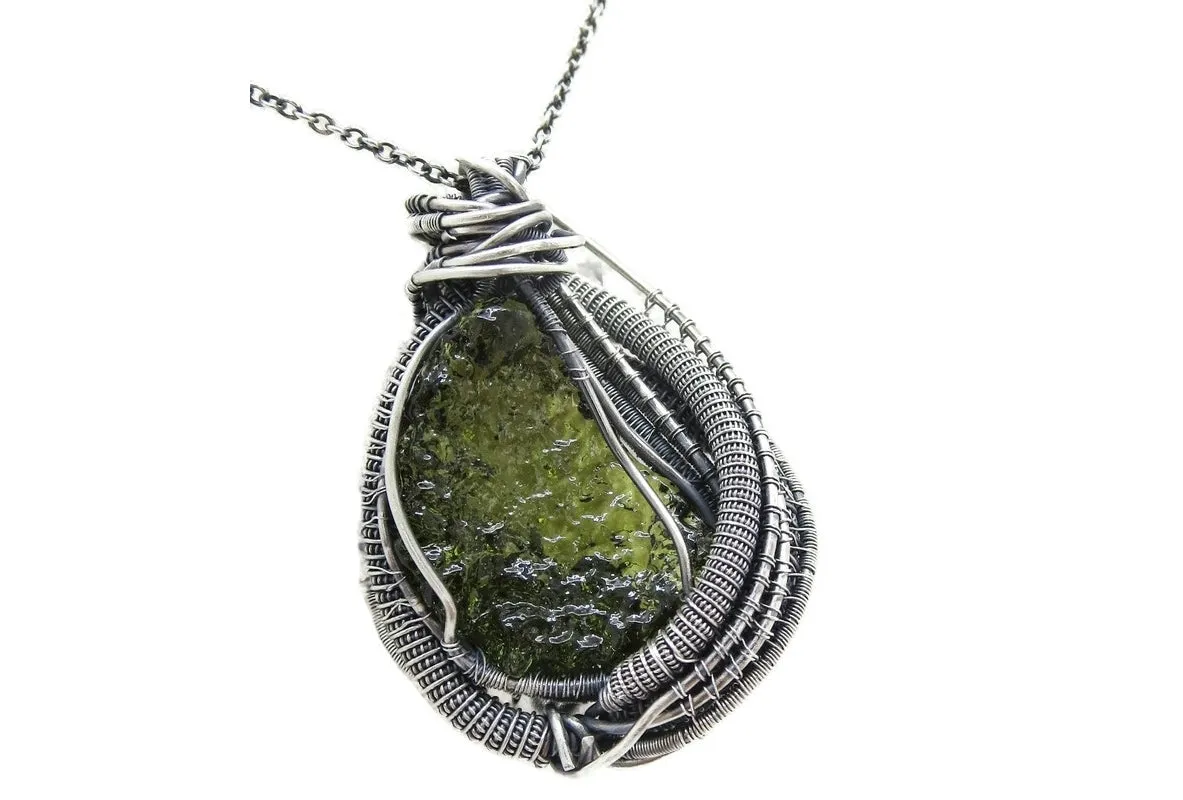 Moldavite Pendant in Sterling Silver with Herkimer Diamonds