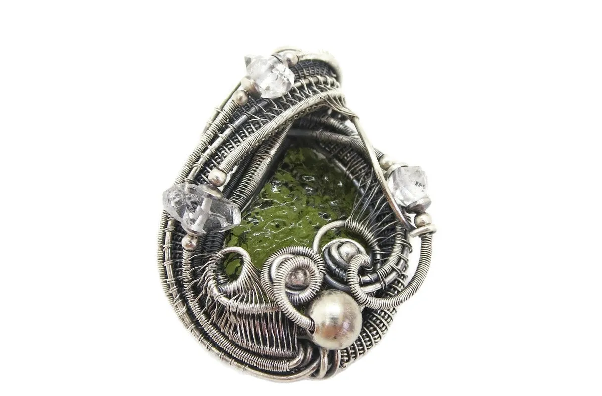 Moldavite Pendant in Sterling Silver with Herkimer Diamonds