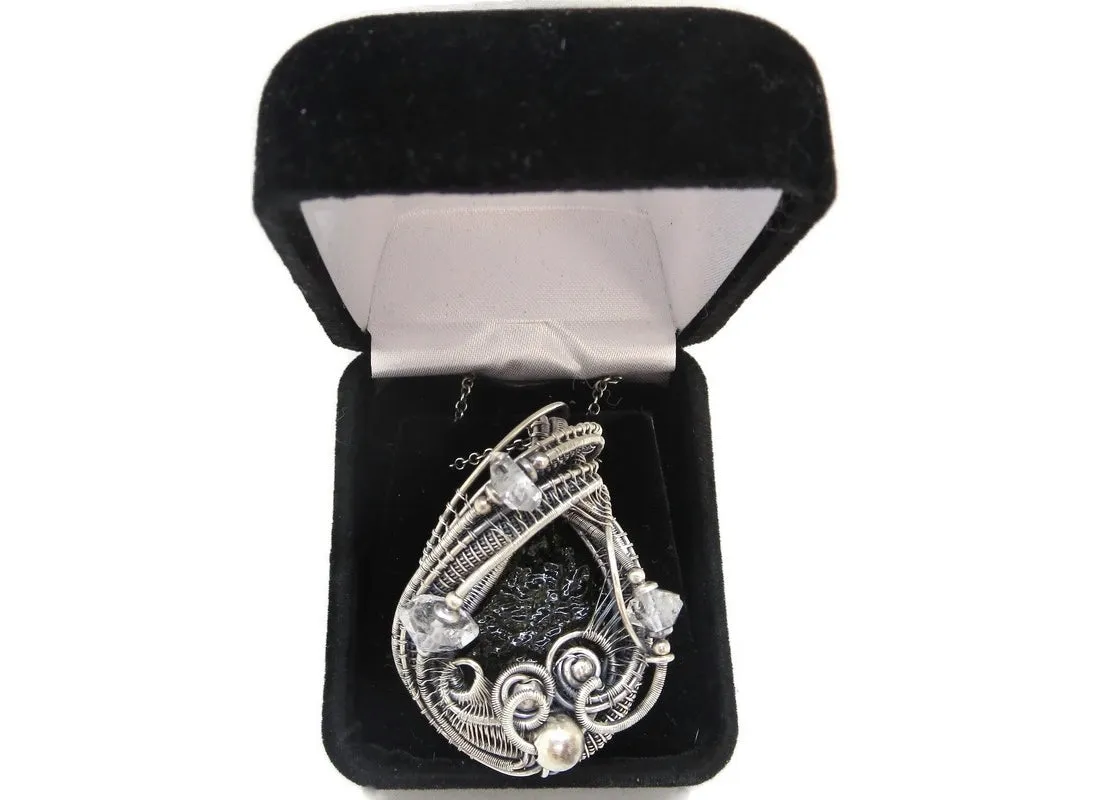 Moldavite Pendant in Sterling Silver with Herkimer Diamonds