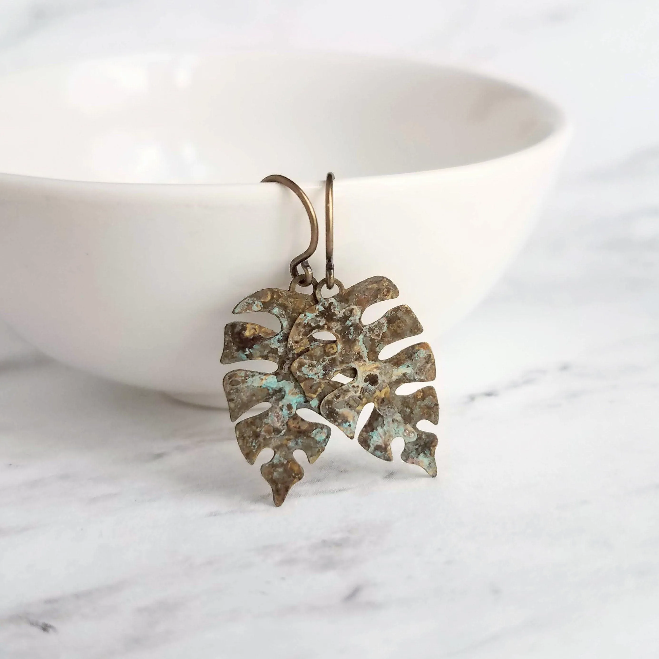 Monstera Leaf Earrings, tropical leaf earring, patina leaf earring, verdigris leaf earring, verdigris patina earring, blue green bronze rust