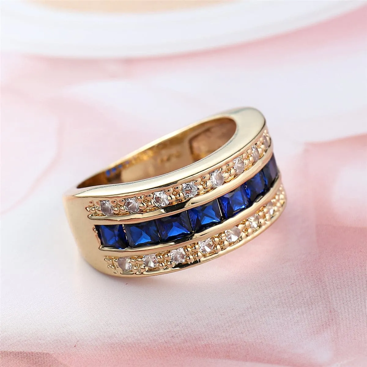 Navy Crystal & Cubic Zirconia 18K Gold-Plated Princess-Cut Band Ring