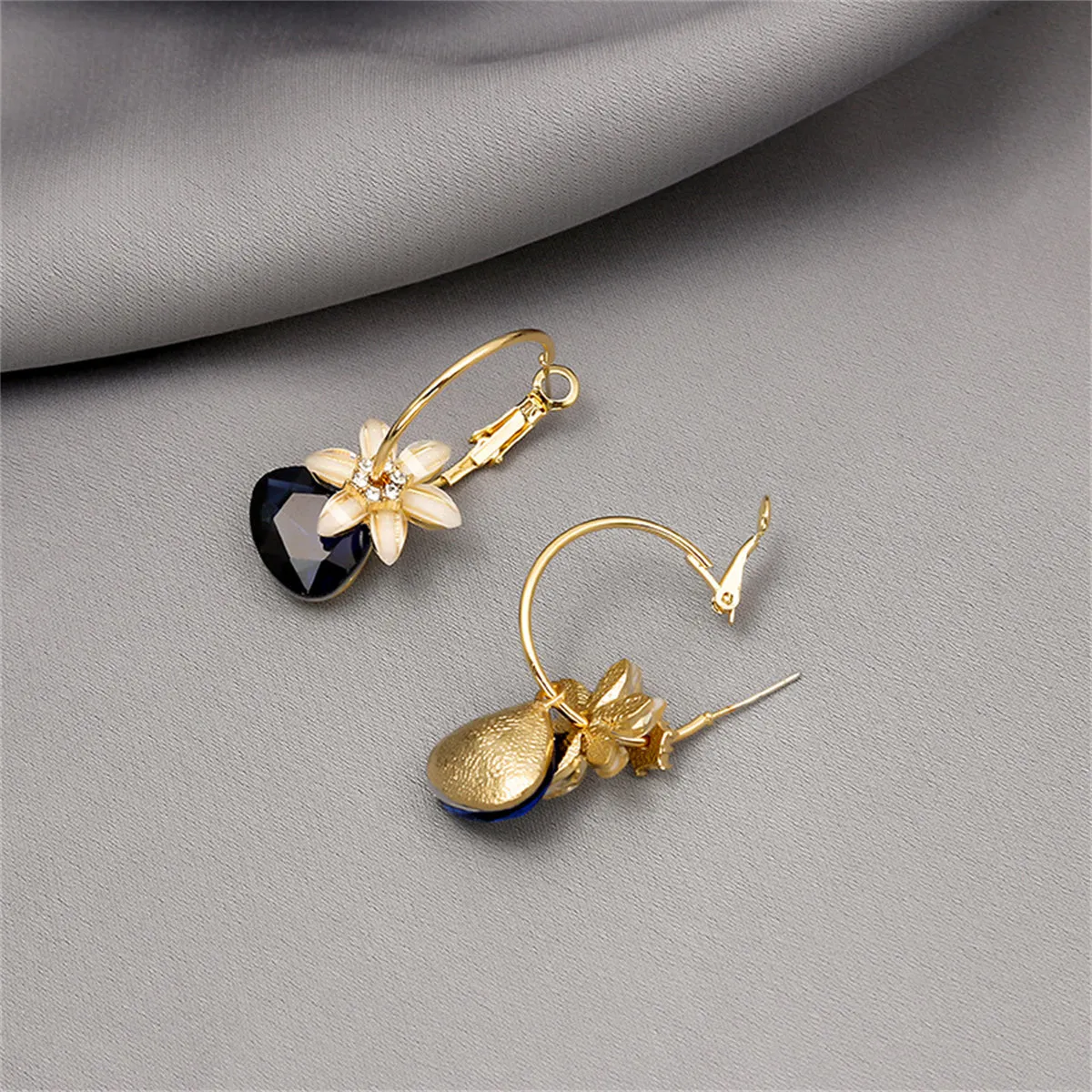 Navy Crystal & Cubic Zirconia Floral Triangle Drop Earrings