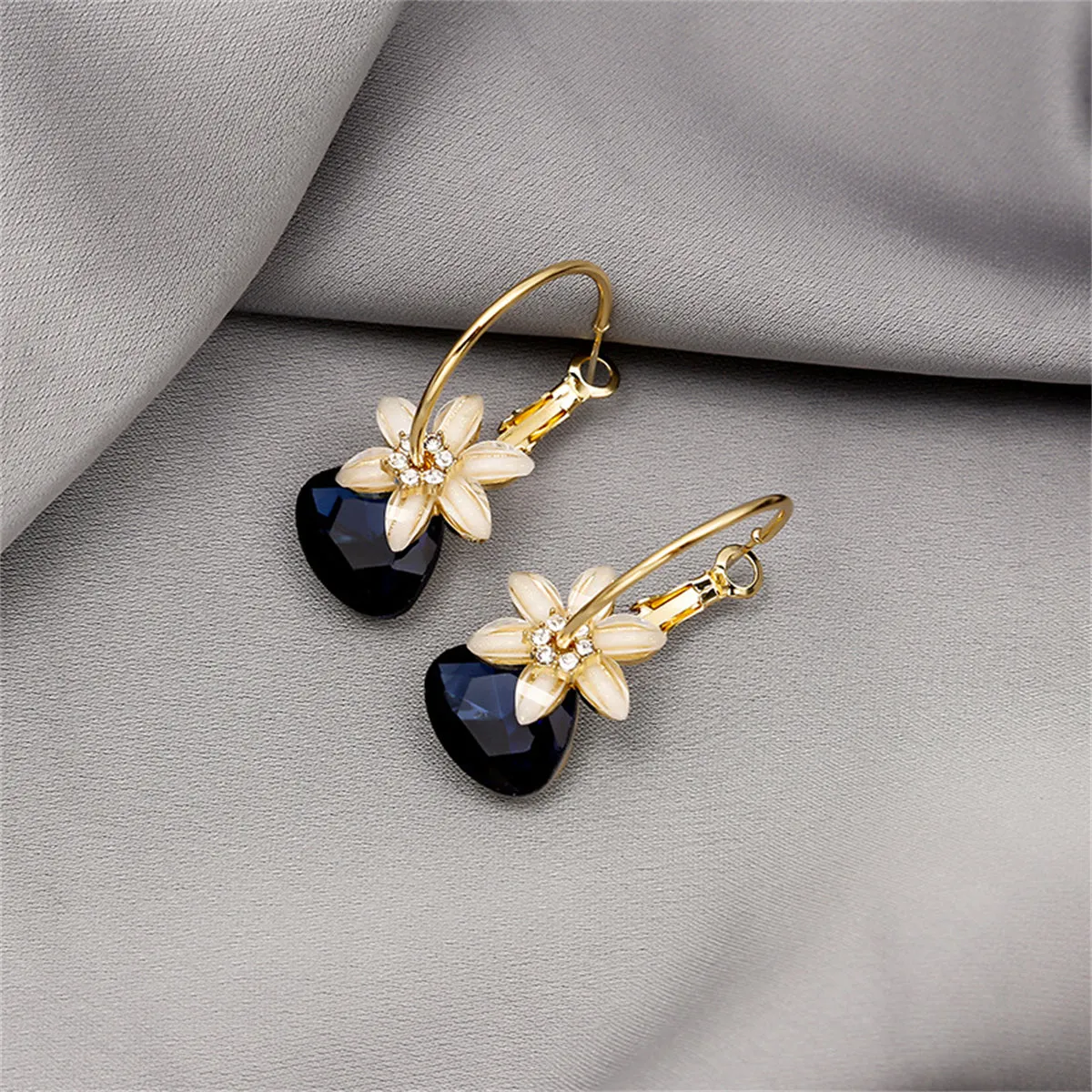 Navy Crystal & Cubic Zirconia Floral Triangle Drop Earrings