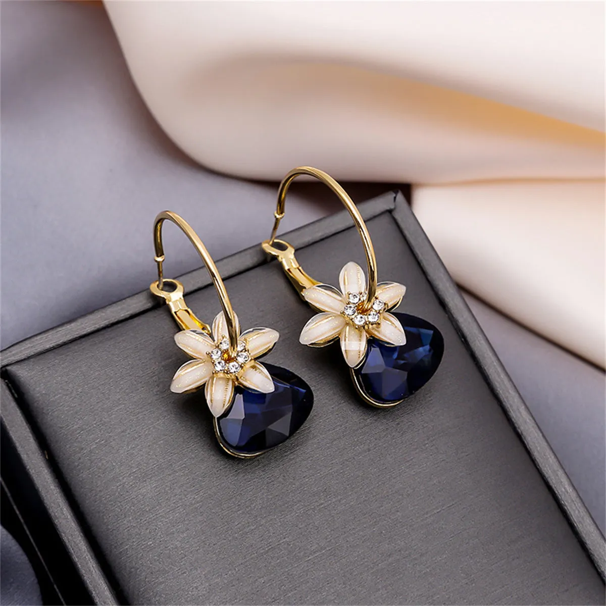 Navy Crystal & Cubic Zirconia Floral Triangle Drop Earrings