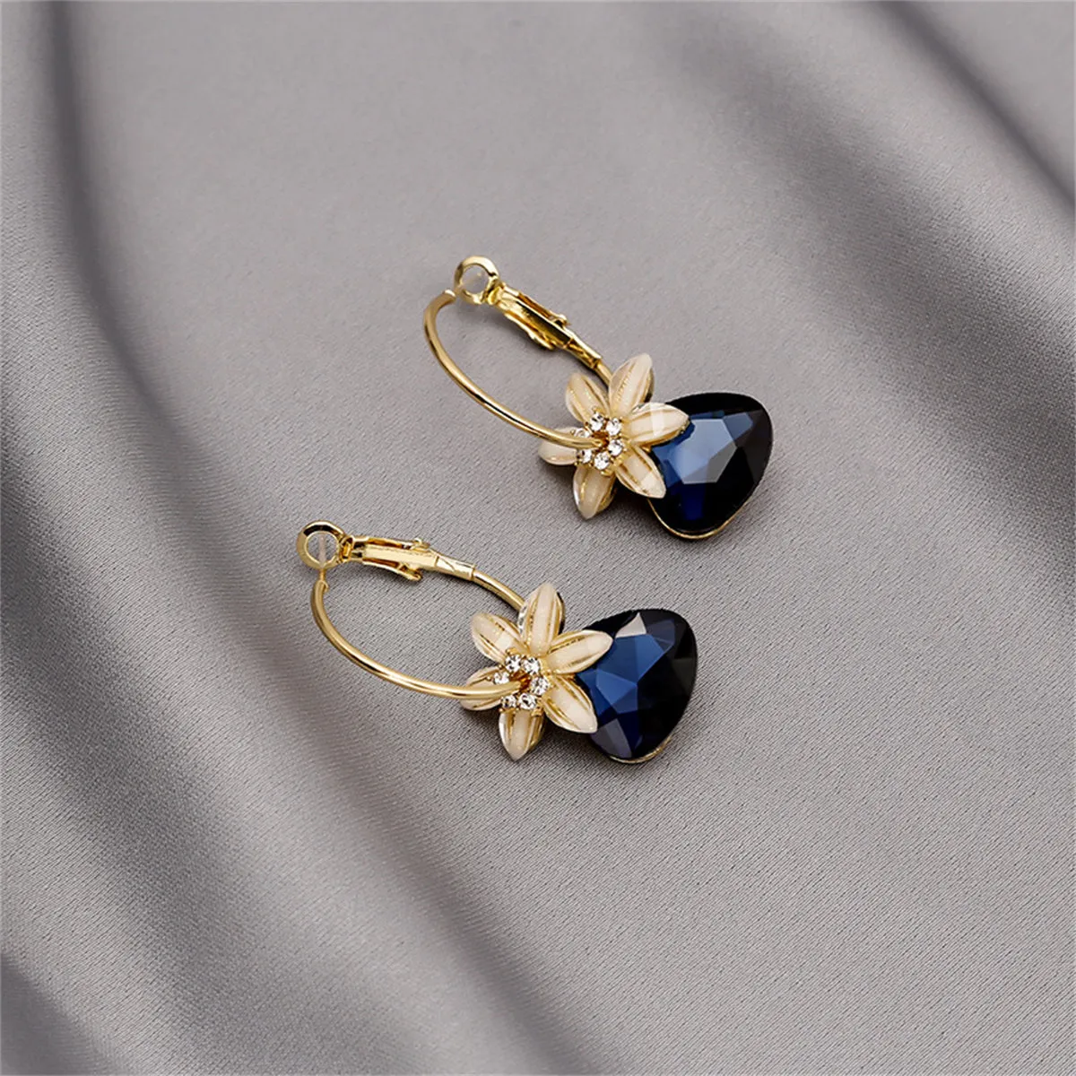 Navy Crystal & Cubic Zirconia Floral Triangle Drop Earrings