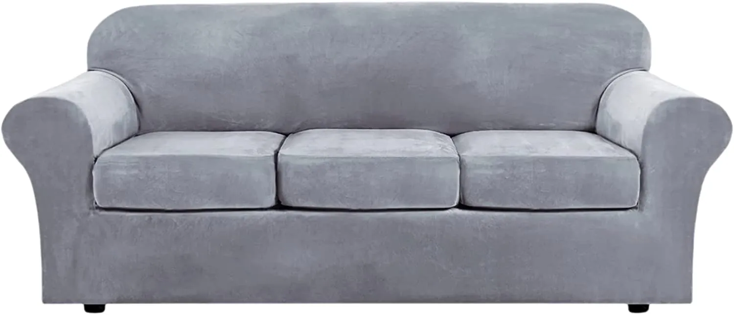 NEW Sofa Covers Stretch Velvet, OPPODREAM Couch Cover 3 Seater with Cushions Cover, Elastic Bottom, Machine Washable Sofa Slipcover( Loveseat, Light Grey)