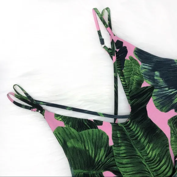 New TOPSHOP Tropical Leaf Print Spaghetti Strap Dress Green Pink Sz 2