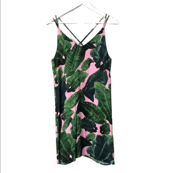 New TOPSHOP Tropical Leaf Print Spaghetti Strap Dress Green Pink Sz 2