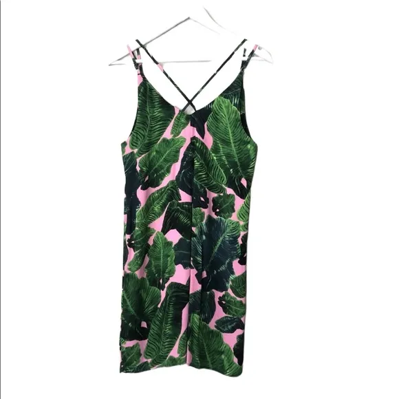 New TOPSHOP Tropical Leaf Print Spaghetti Strap Dress Green Pink Sz 2