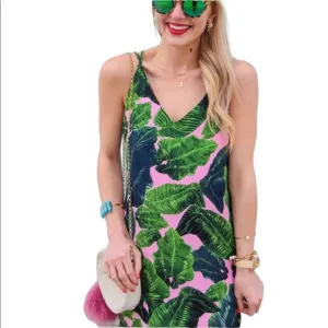 New TOPSHOP Tropical Leaf Print Spaghetti Strap Dress Green Pink Sz 2