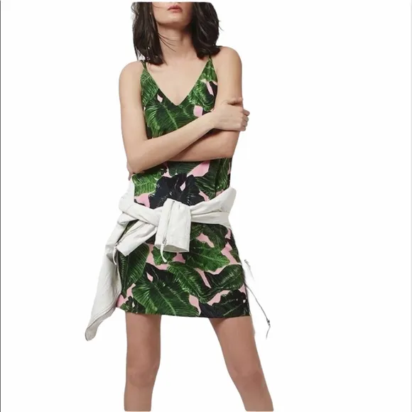 New TOPSHOP Tropical Leaf Print Spaghetti Strap Dress Green Pink Sz 2