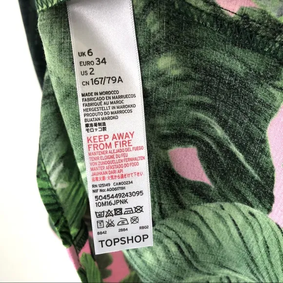 New TOPSHOP Tropical Leaf Print Spaghetti Strap Dress Green Pink Sz 2