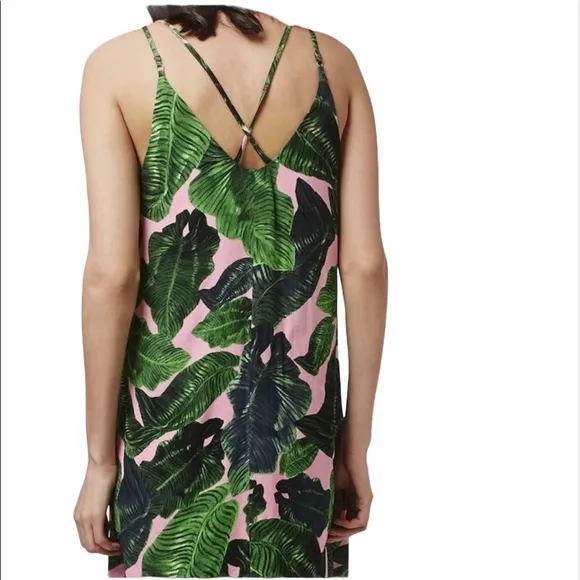 New TOPSHOP Tropical Leaf Print Spaghetti Strap Dress Green Pink Sz 2