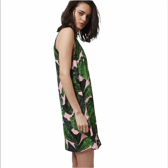 New TOPSHOP Tropical Leaf Print Spaghetti Strap Dress Green Pink Sz 2