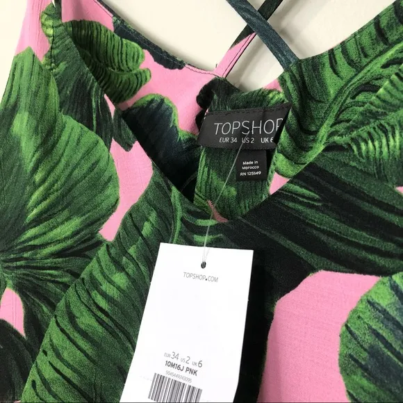 New TOPSHOP Tropical Leaf Print Spaghetti Strap Dress Green Pink Sz 2