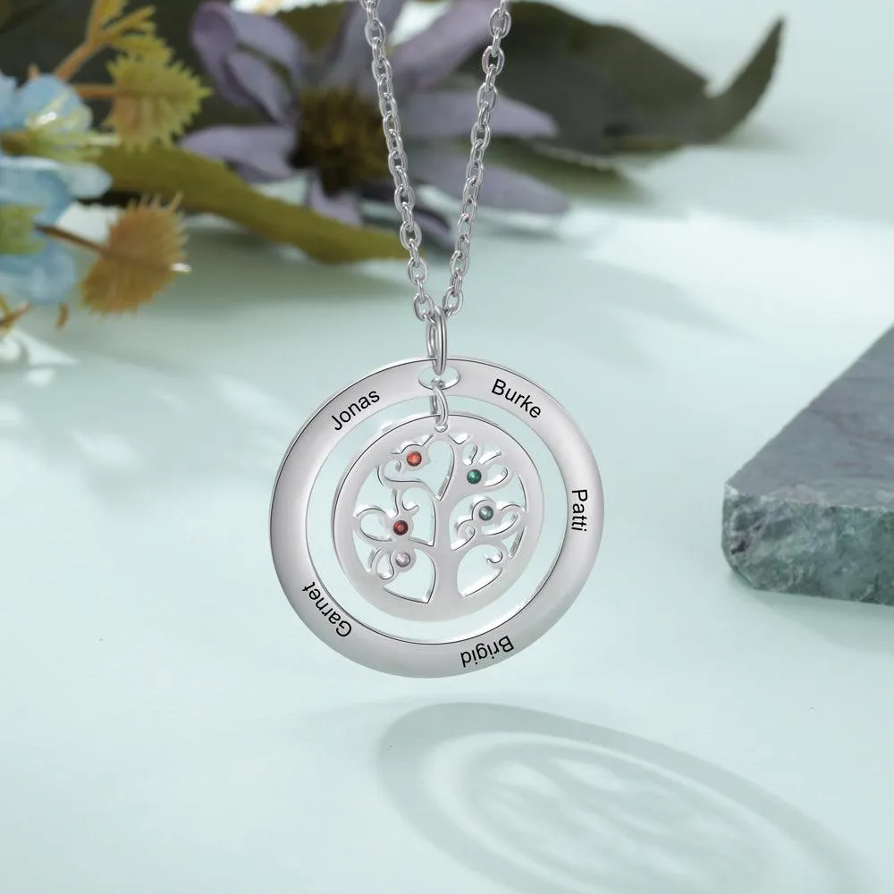 Personalized Tree of Life Necklace - Stainless Steel - Five Custom Names - Five Custom Birthstones - Customized Gifts