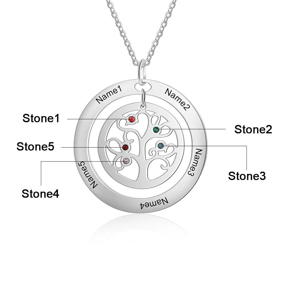 Personalized Tree of Life Necklace - Stainless Steel - Five Custom Names - Five Custom Birthstones - Customized Gifts